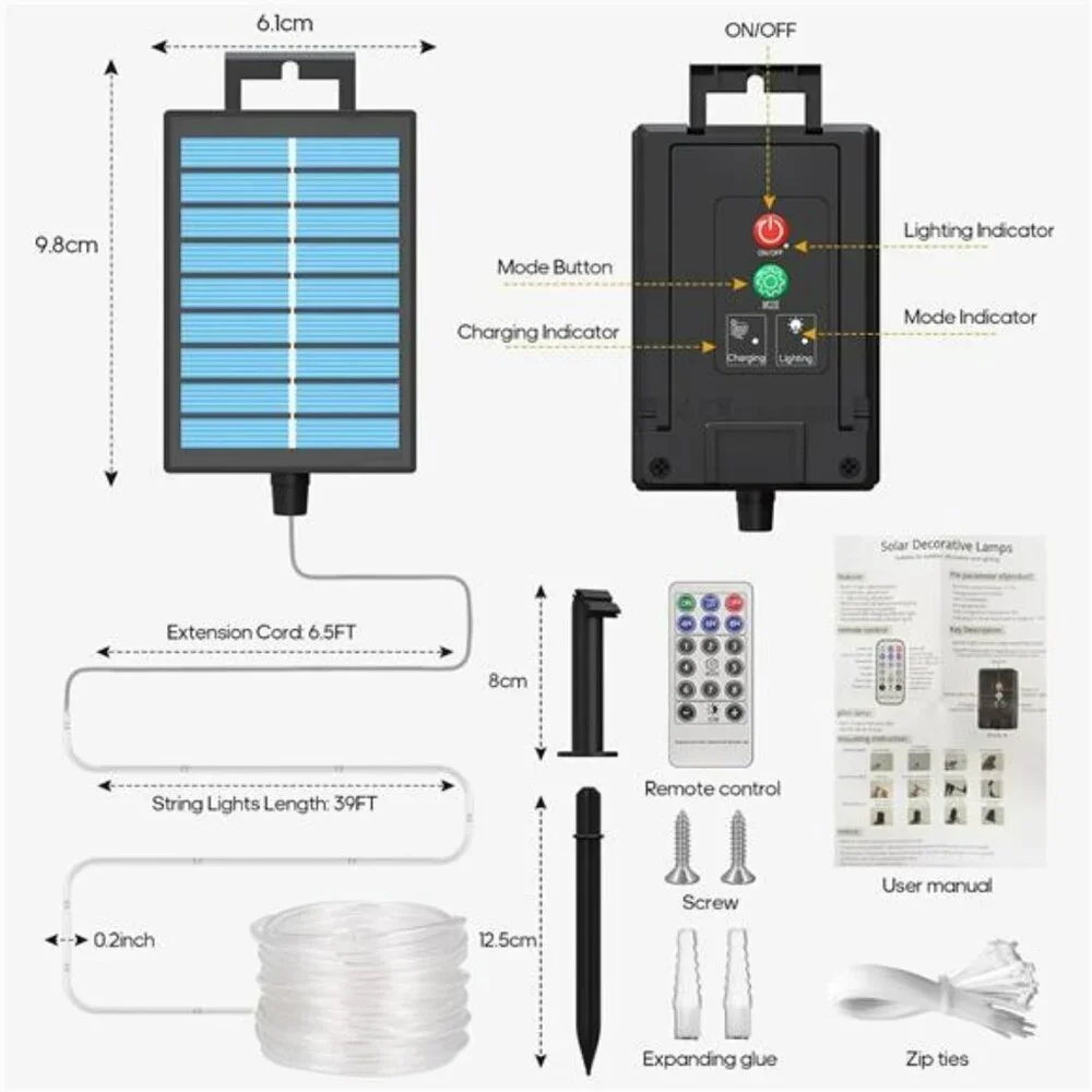 Solar Rope Lights 39FT Waterproof LED Outdoor String Lights for Patio Garden